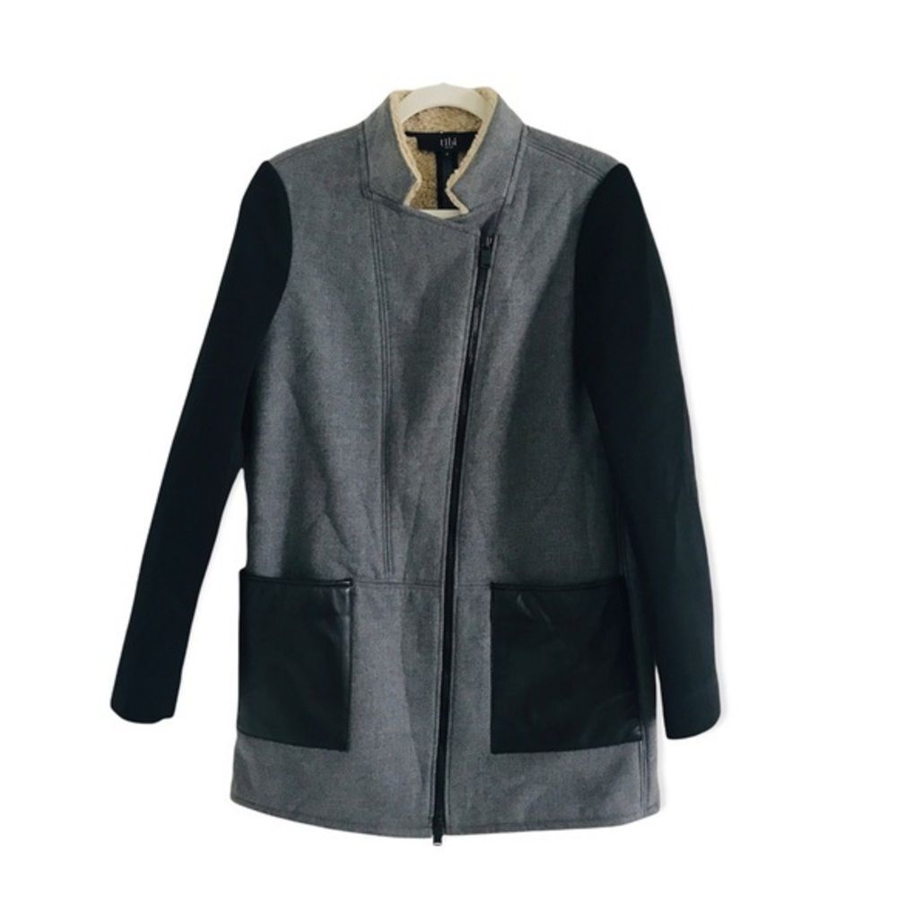 Tibi Shearling Coat size 6‎ Leather sleeves and pockets asymmetric color block